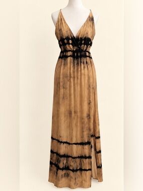 Shore Tie Dye Maxi Dress XS Black Taupe V Neck Boho Resort 100% Rayon